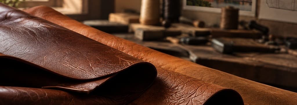 Rolled leather hides on an atelier table